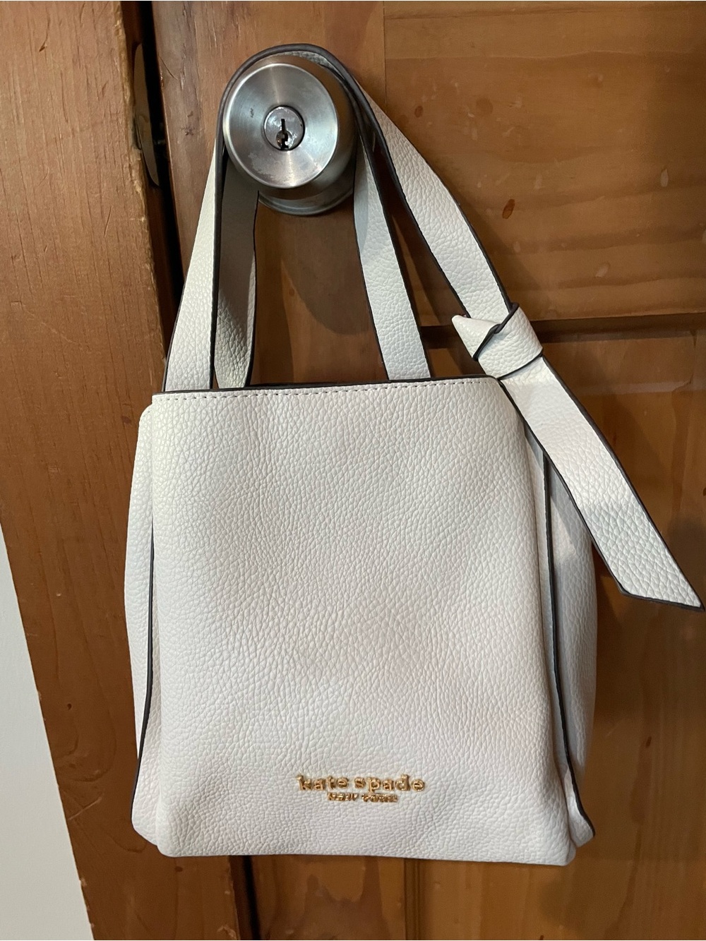 kate spade White Pebbled Leather Shoulder Bag with Gold Logo